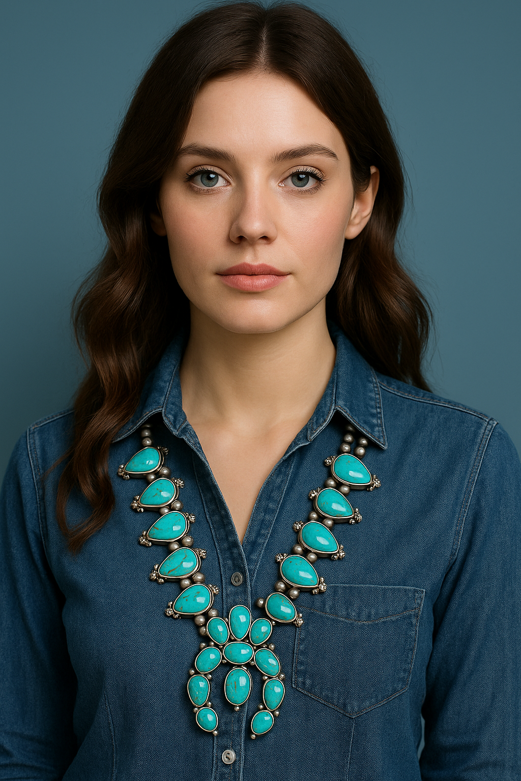 32" Handmade Very-Big Squash Blossom Turquoise Necklace – 6mm 8mm Navajo Beads, 3.5" Pendant, Western Cowgirl Jewelry, Antique Silver Plate 731725