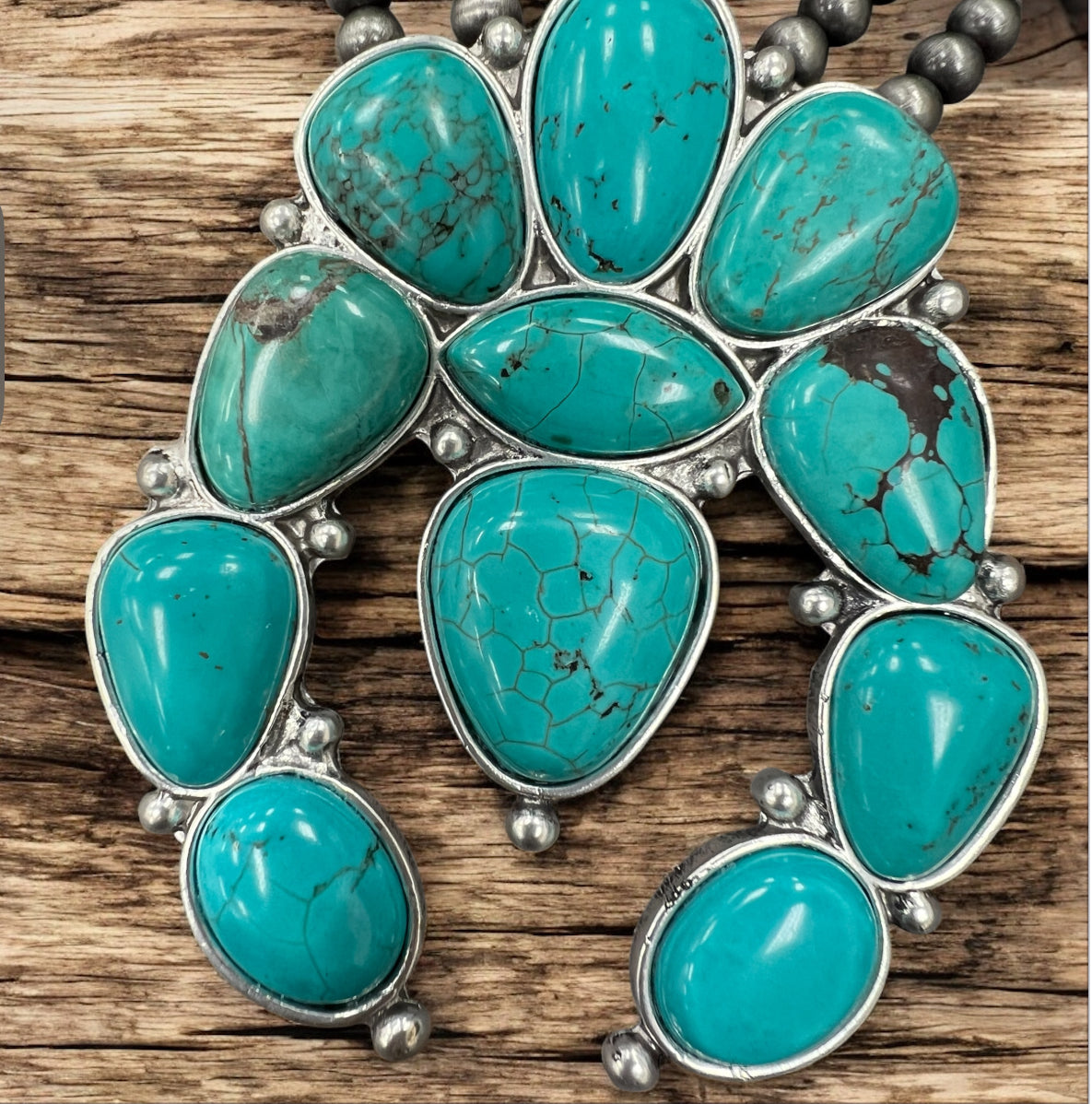 32" Handmade Very-Big Squash Blossom Turquoise Necklace – 6mm 8mm Navajo Beads, 3.5" Pendant, Western Cowgirl Jewelry, Antique Silver Plate 731725
