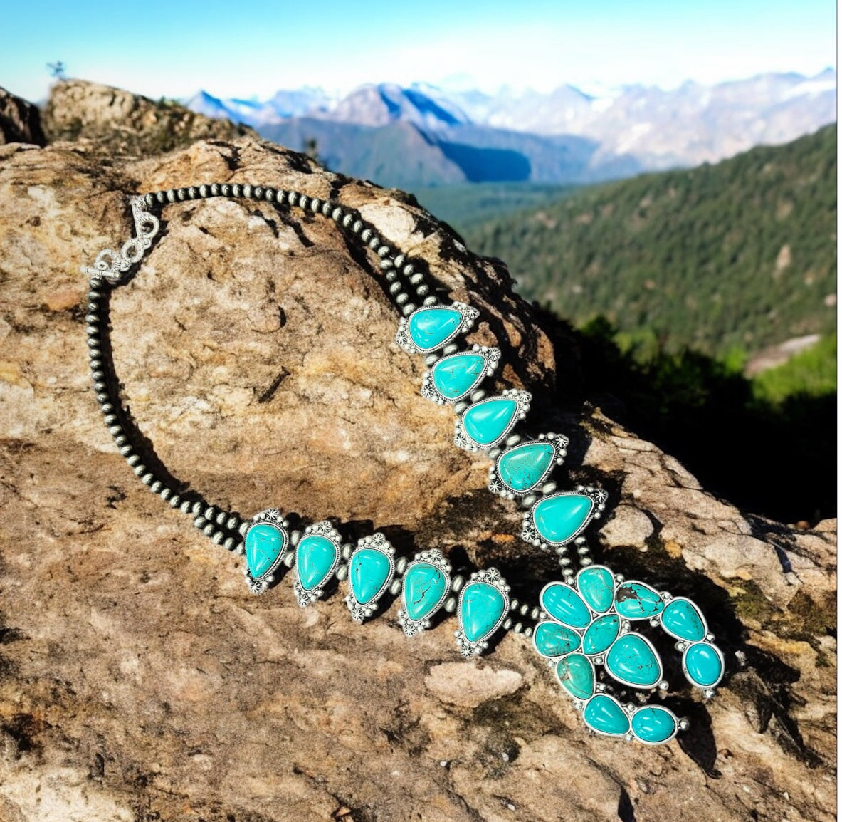 32" Handmade Very-Big Squash Blossom Turquoise Necklace – 6mm 8mm Navajo Beads, 3.5" Pendant, Western Cowgirl Jewelry, Antique Silver Plate 731725