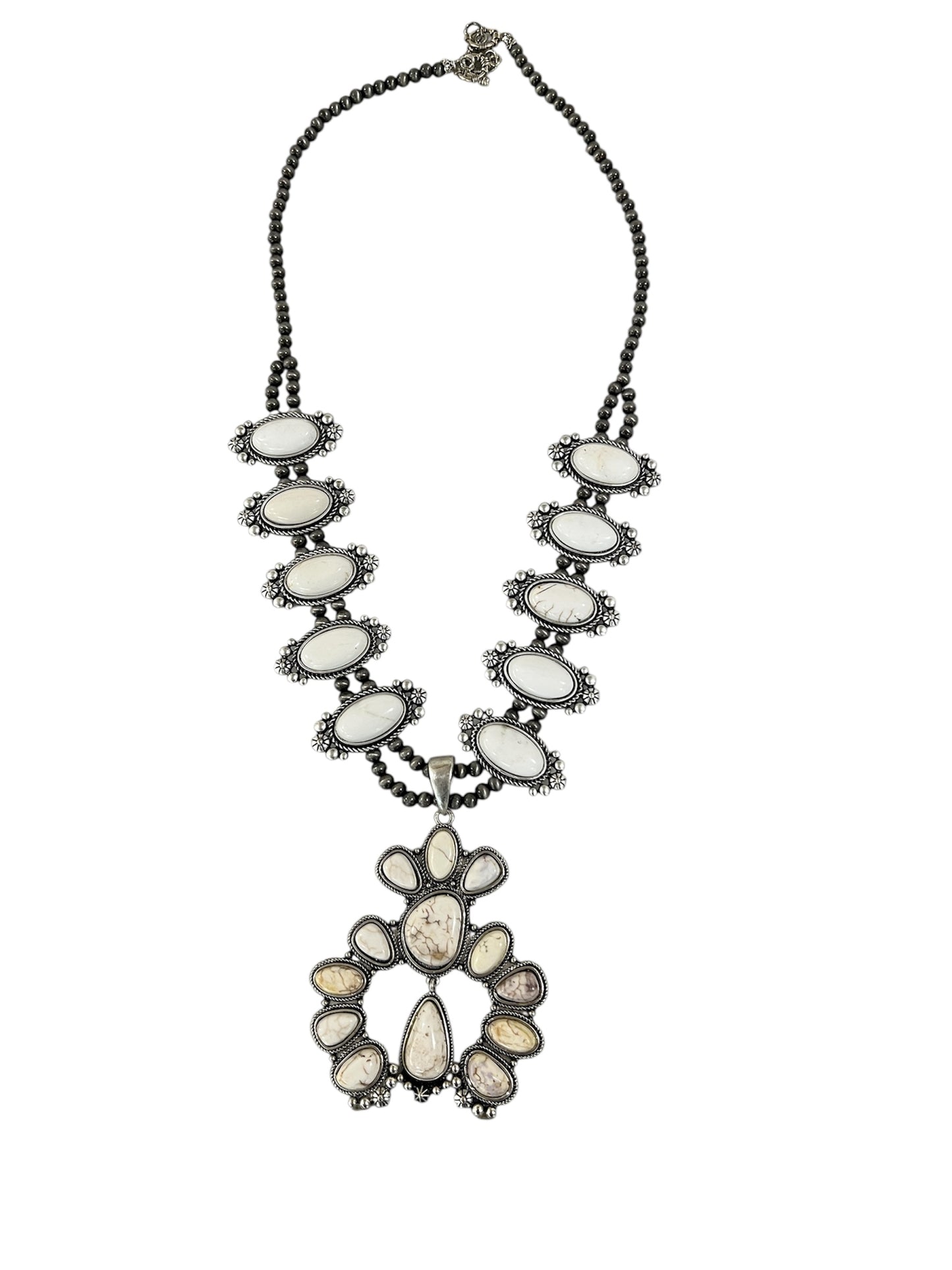 Handmade Full Squash Blossom White Turquoise Necklace, 6mm Navajo Beads, Western Statement Jewelry