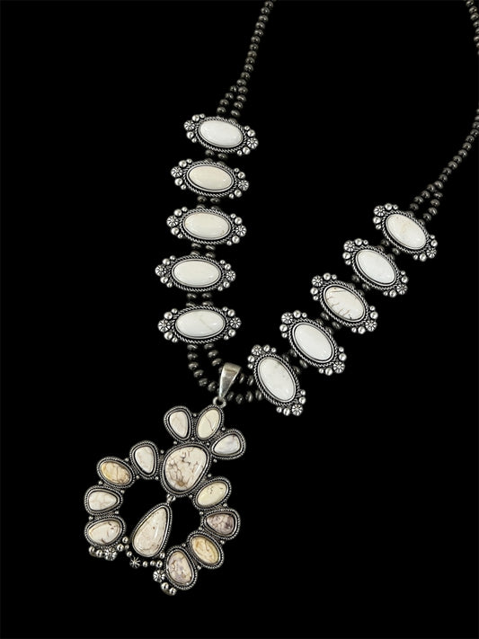 Handmade Full Squash Blossom White Turquoise Necklace, 6mm Navajo Beads, Western Statement Jewelry