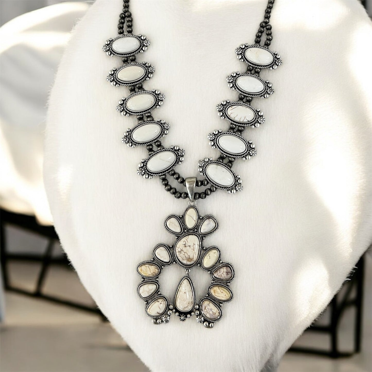 Handmade Full Squash Blossom White Turquoise Necklace, 6mm Navajo Beads, Western Statement Jewelry