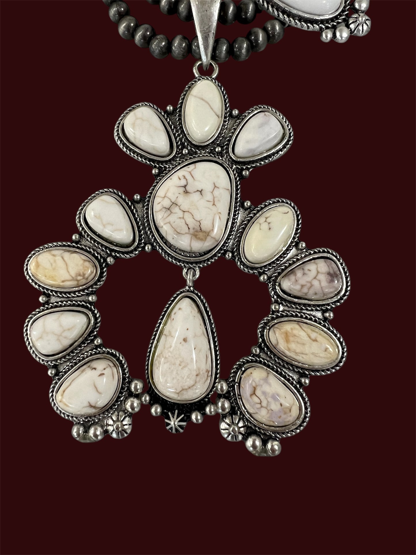 Handmade Full Squash Blossom White Turquoise Necklace, 6mm Navajo Beads, Western Statement Jewelry