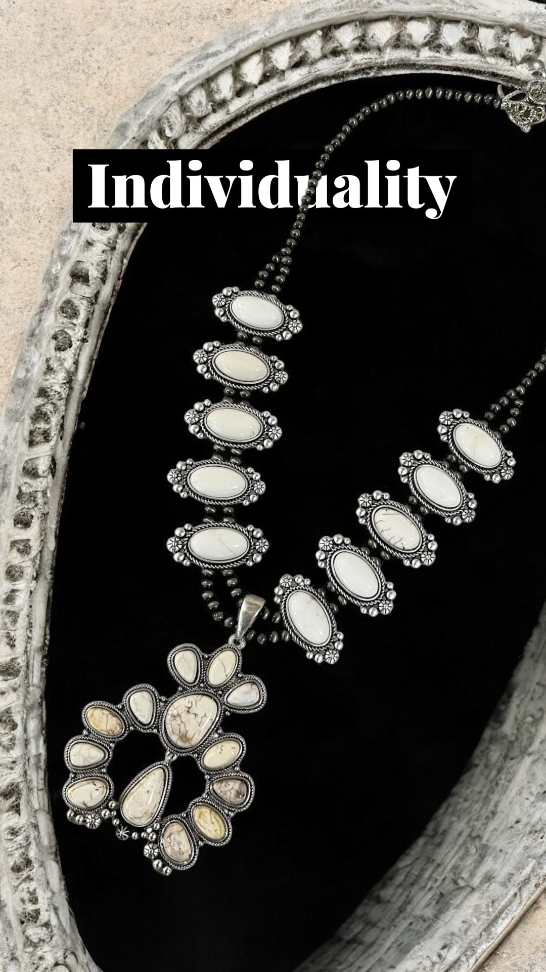 Handmade Full Squash Blossom White Turquoise Necklace, 6mm Navajo Beads, Western Statement Jewelry