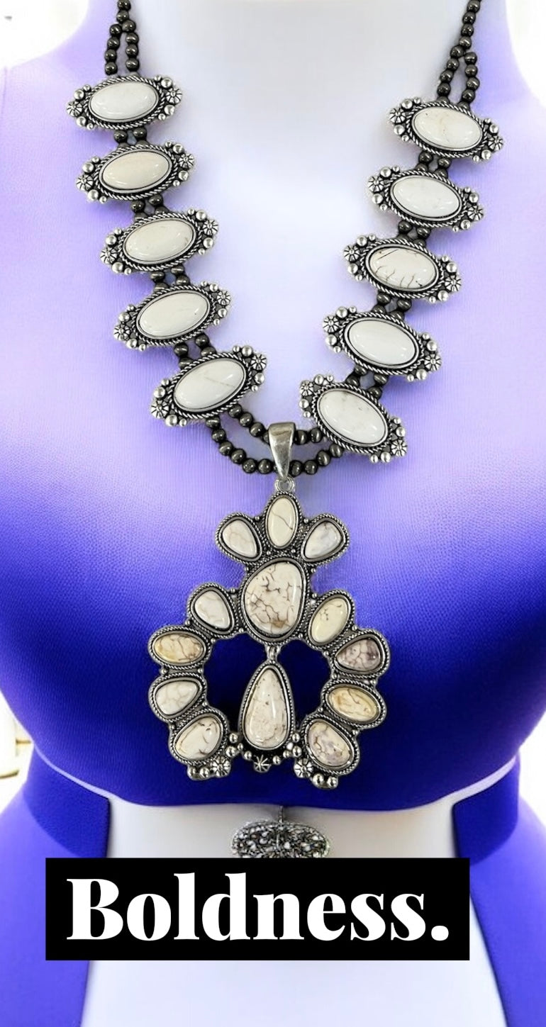 Handmade Full Squash Blossom White Turquoise Necklace, 6mm Navajo Beads, Western Statement Jewelry