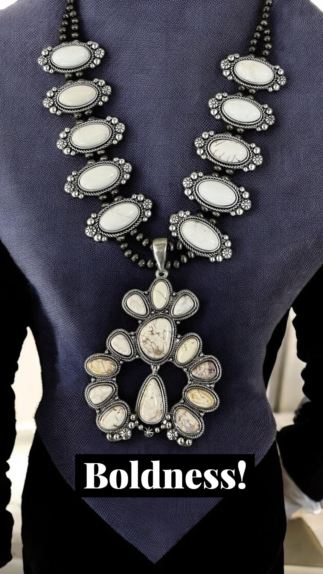 Handmade Full Squash Blossom White Turquoise Necklace, 6mm Navajo Beads, Western Statement Jewelry