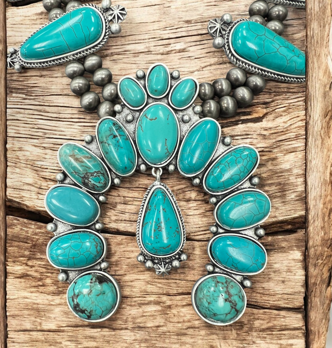 30" Handmade Very-Big Squash Blossom Turquoise Necklace – Navajo Bead 6mm 8mm, 4" Pendant, Western Cowgirl Jewelry, Antique Silver Plate 731751