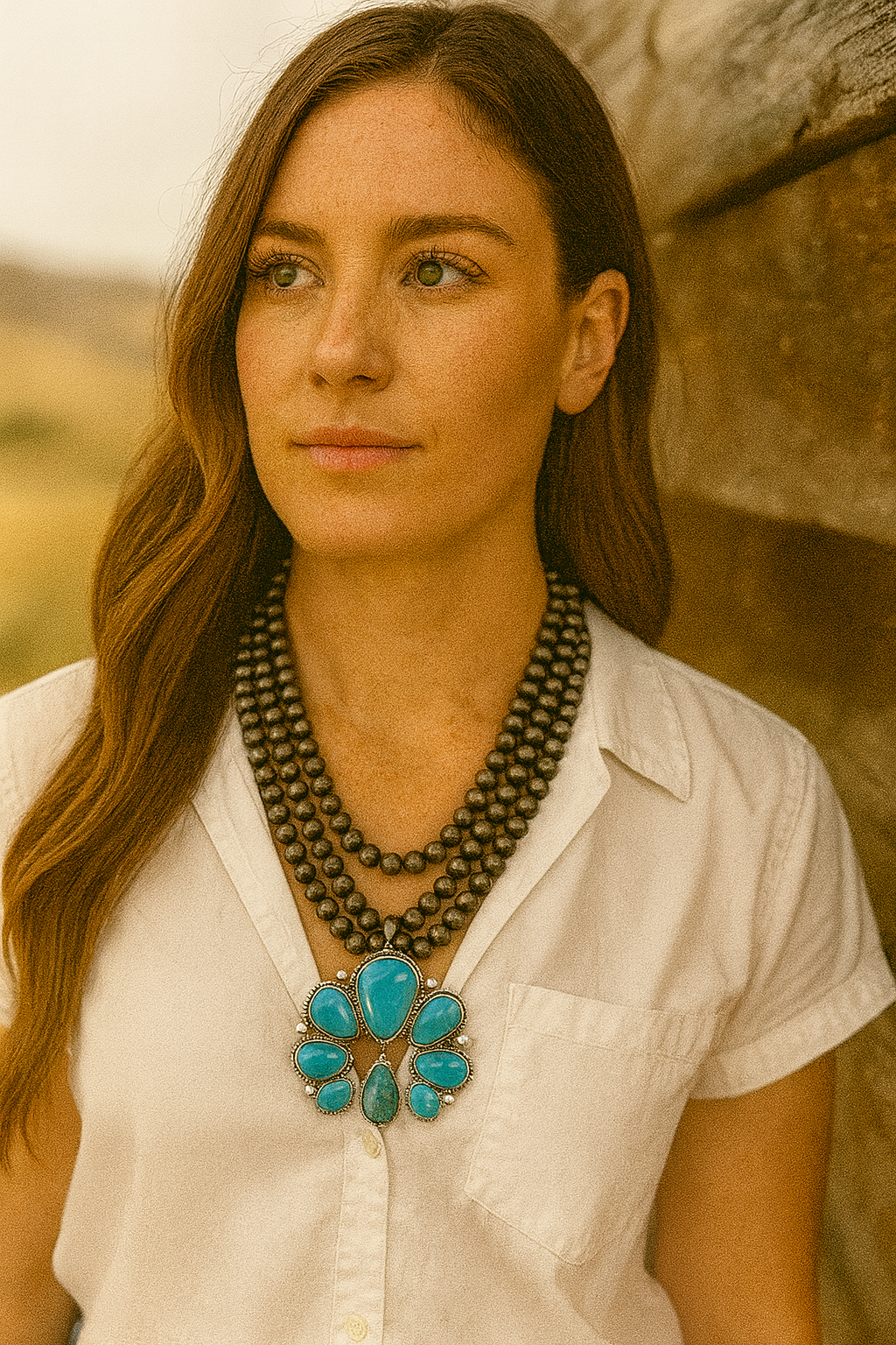 26" Handmade 3-Strand Navajo Pearl Necklace with Squash Blossom Turquoise Pendant – 8mm 10mm Beads, Antique Silver Plate, Western Cowgirl Jewelry 731821