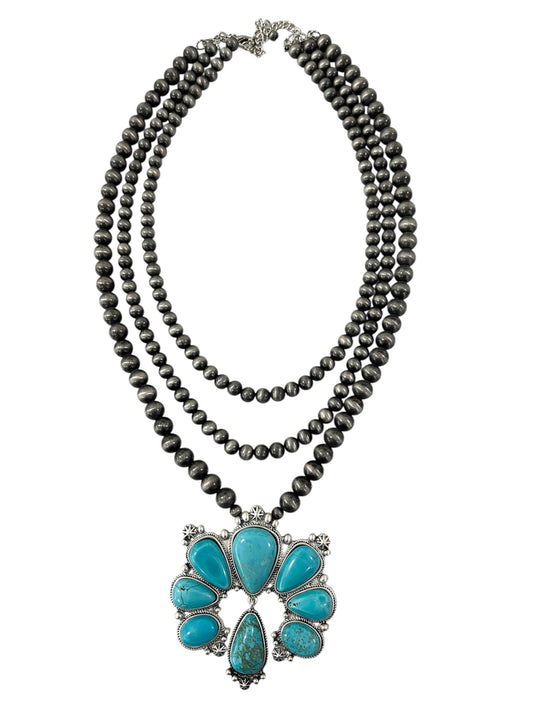 26" Handmade 3-Strand Navajo Pearl Necklace with Squash Blossom Turquoise Pendant – 8mm 10mm Beads, Antique Silver Plate, Western Cowgirl Jewelry 731821