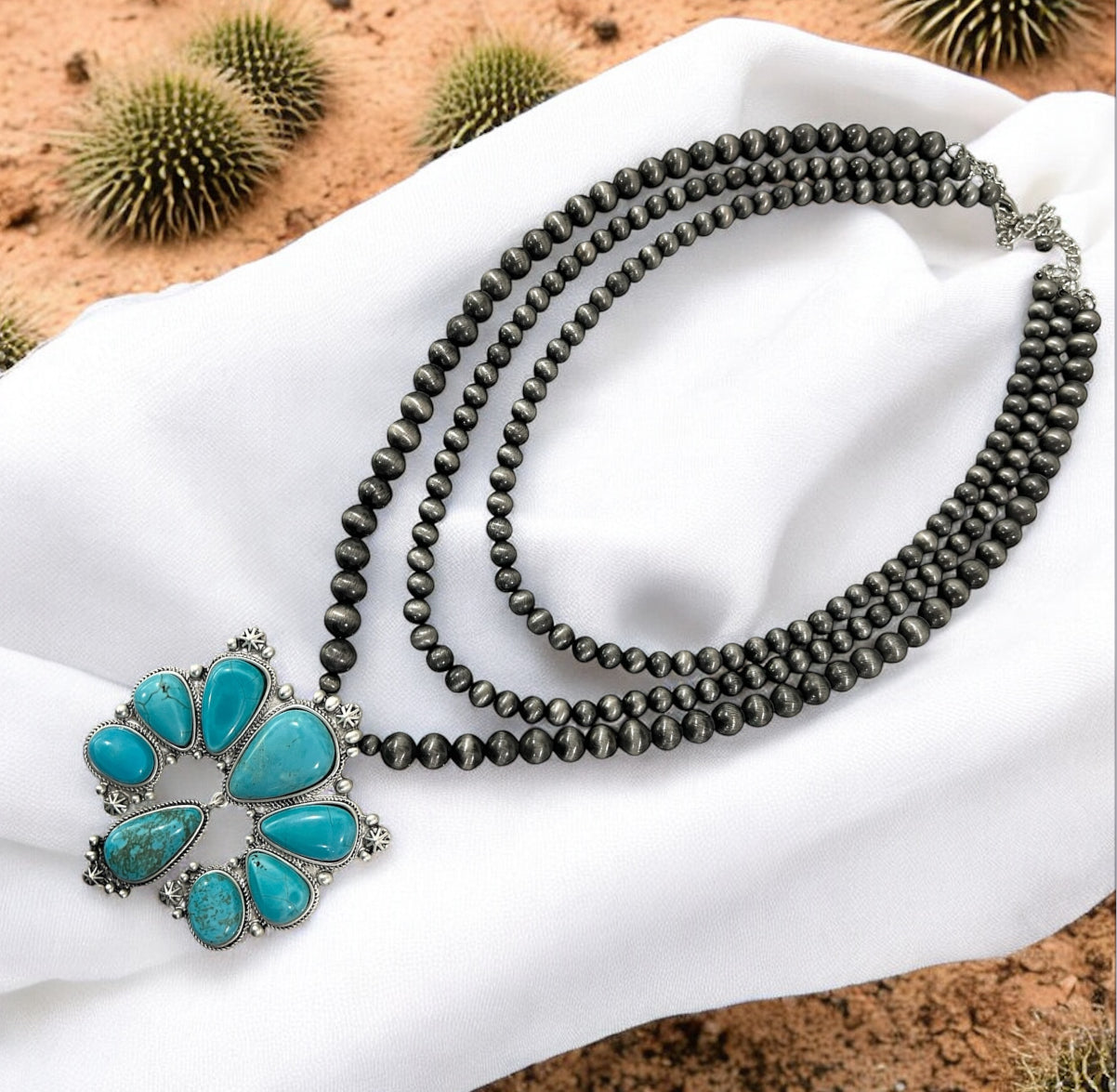 26" Handmade 3-Strand Navajo Pearl Necklace with Squash Blossom Turquoise Pendant – 8mm 10mm Beads, Antique Silver Plate, Western Cowgirl Jewelry 731821