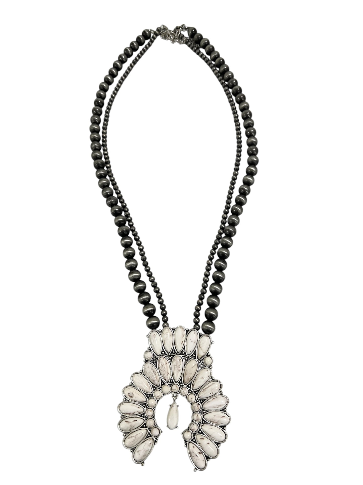 30" to 35" Long, Handmade Monster Size Squash Blossom White Turquoise & Navajo Bead Necklace73218