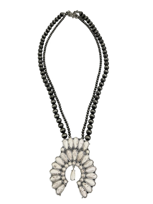 30" to 35" Long, Handmade Monster Size Squash Blossom White Turquoise & Navajo Bead Necklace73218