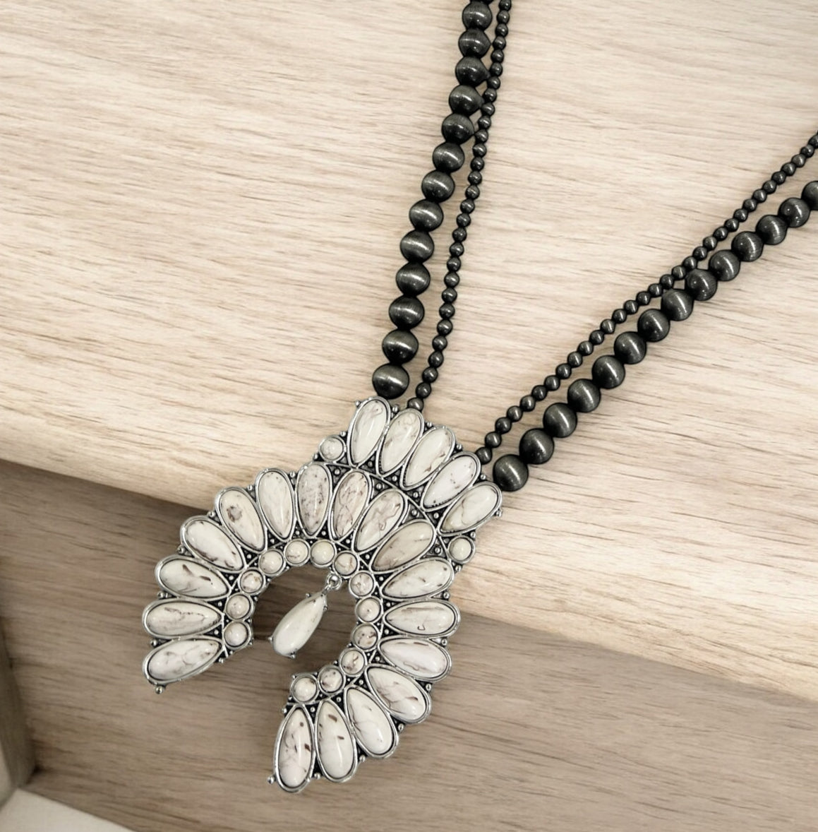 30" to 35" Long, Handmade Monster Size Squash Blossom White Turquoise & Navajo Bead Necklace73218