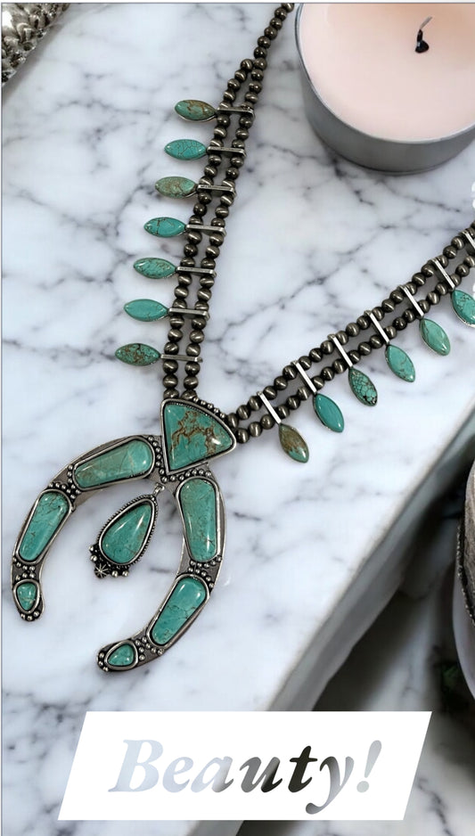 26" to 31" Long Full Squash Blossom Turquoise Necklace 732248