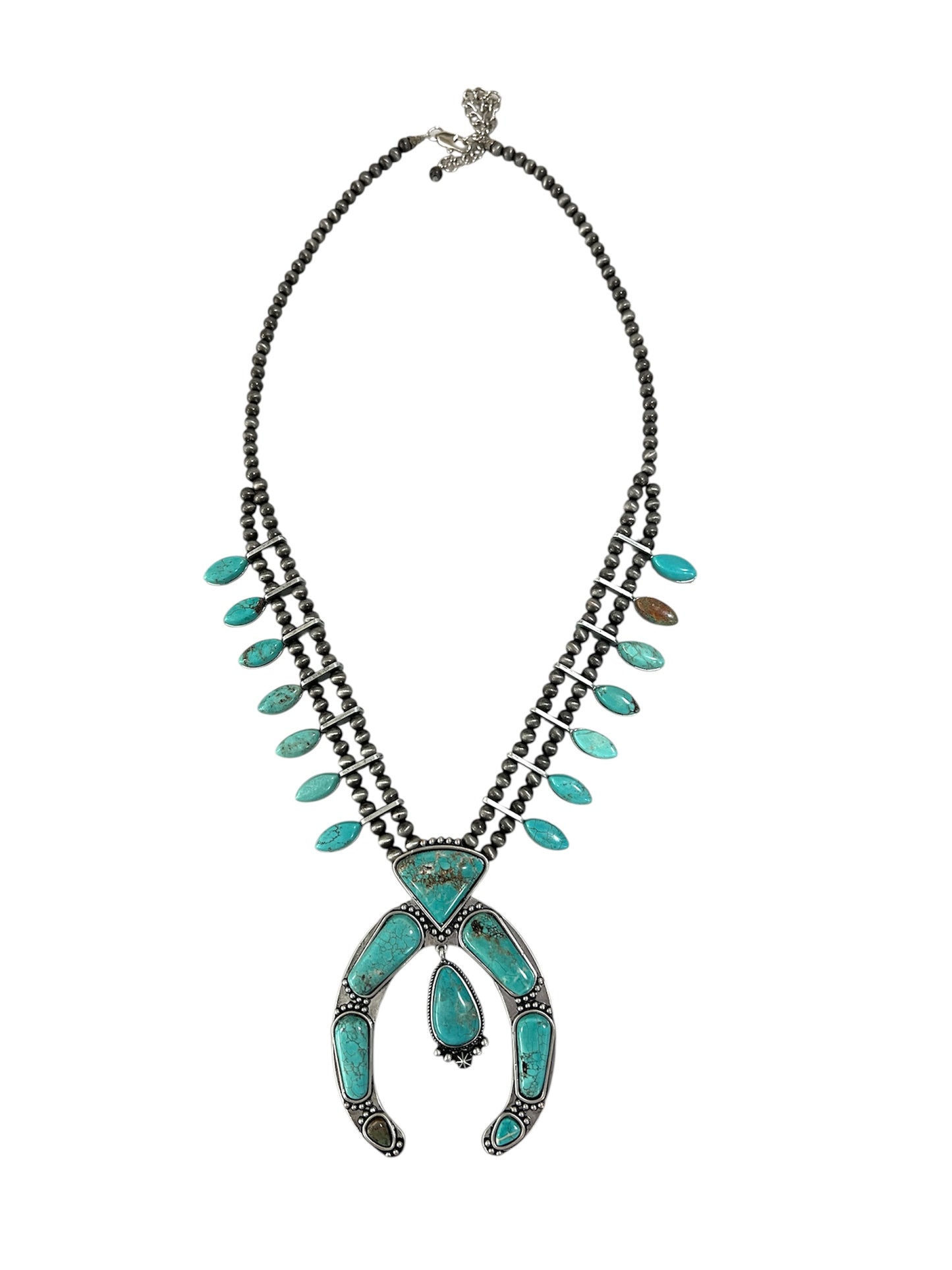 26" to 31" Long, Handmade Full Squash Blossom Turquoise & Navajo Bead Necklace 732248