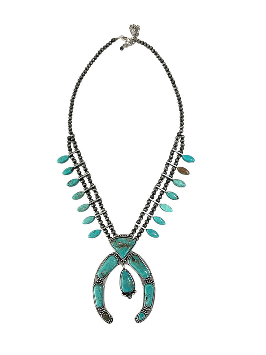 26" to 31" Long, Handmade Full Squash Blossom Turquoise & Navajo Bead Necklace 732248