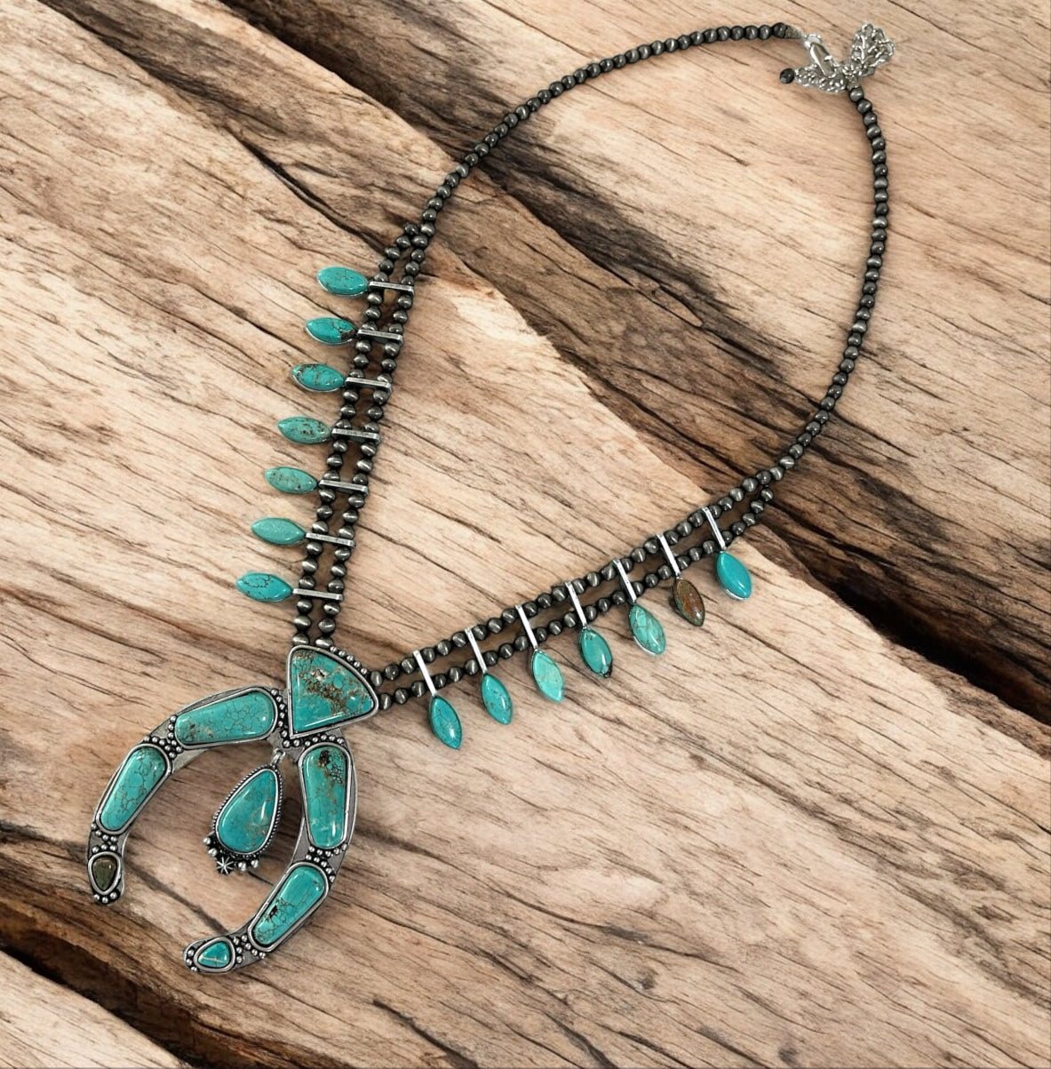 26" to 31" Long, Handmade Full Squash Blossom Turquoise & Navajo Bead Necklace 732248