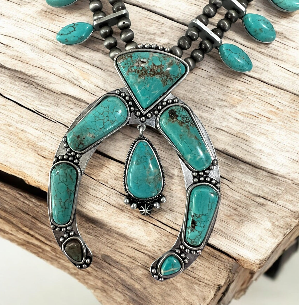 26" to 31" Long, Handmade Full Squash Blossom Turquoise & Navajo Bead Necklace 732248