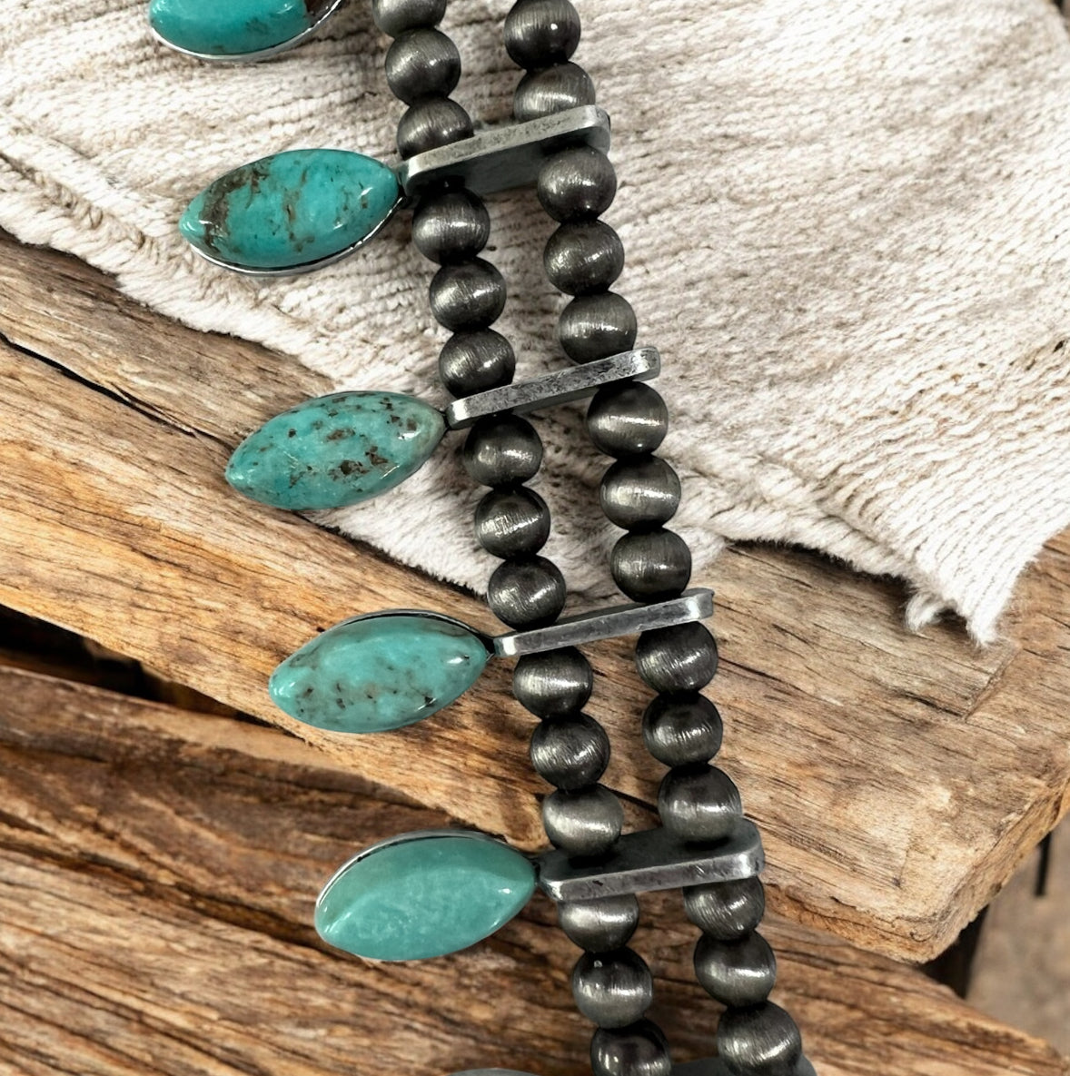 26" to 31" Long, Handmade Full Squash Blossom Turquoise & Navajo Bead Necklace 732248