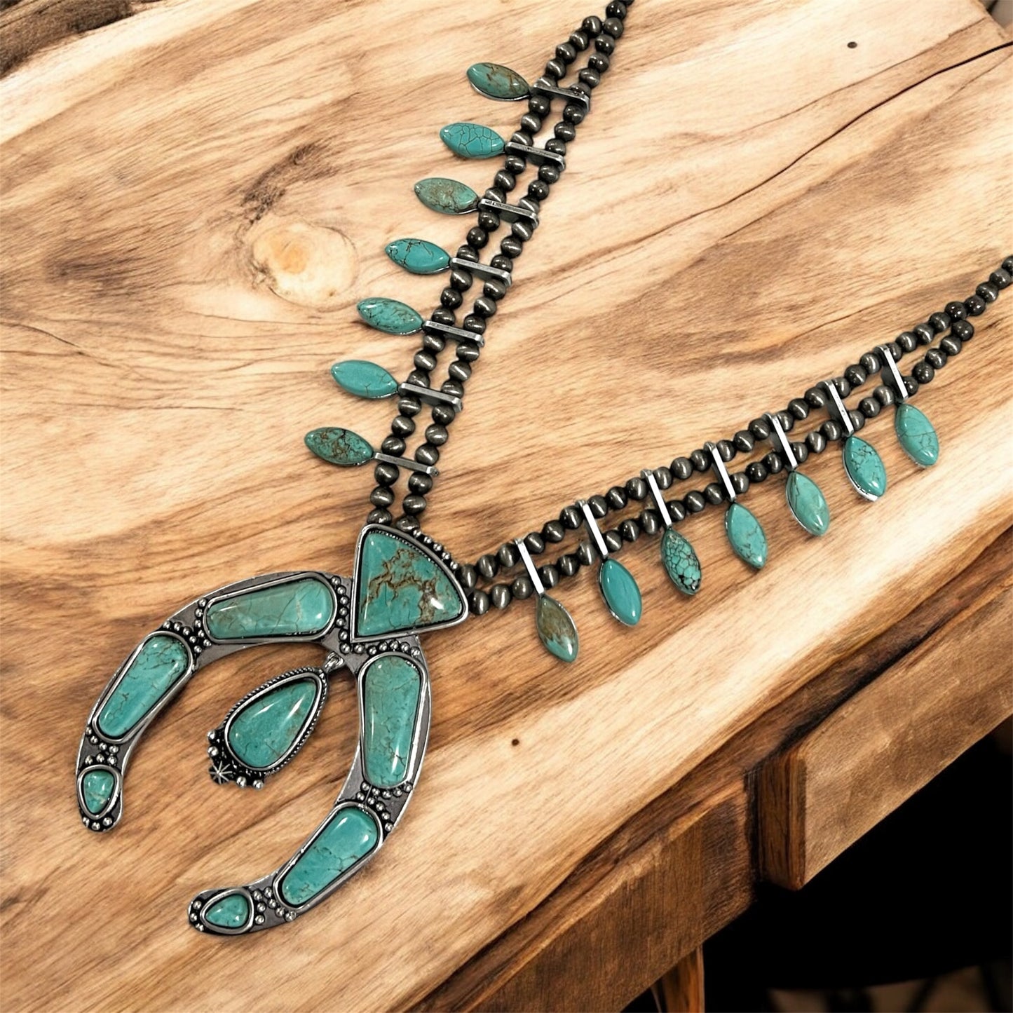 26" to 31" Long Full Squash Blossom Turquoise Necklace 732248