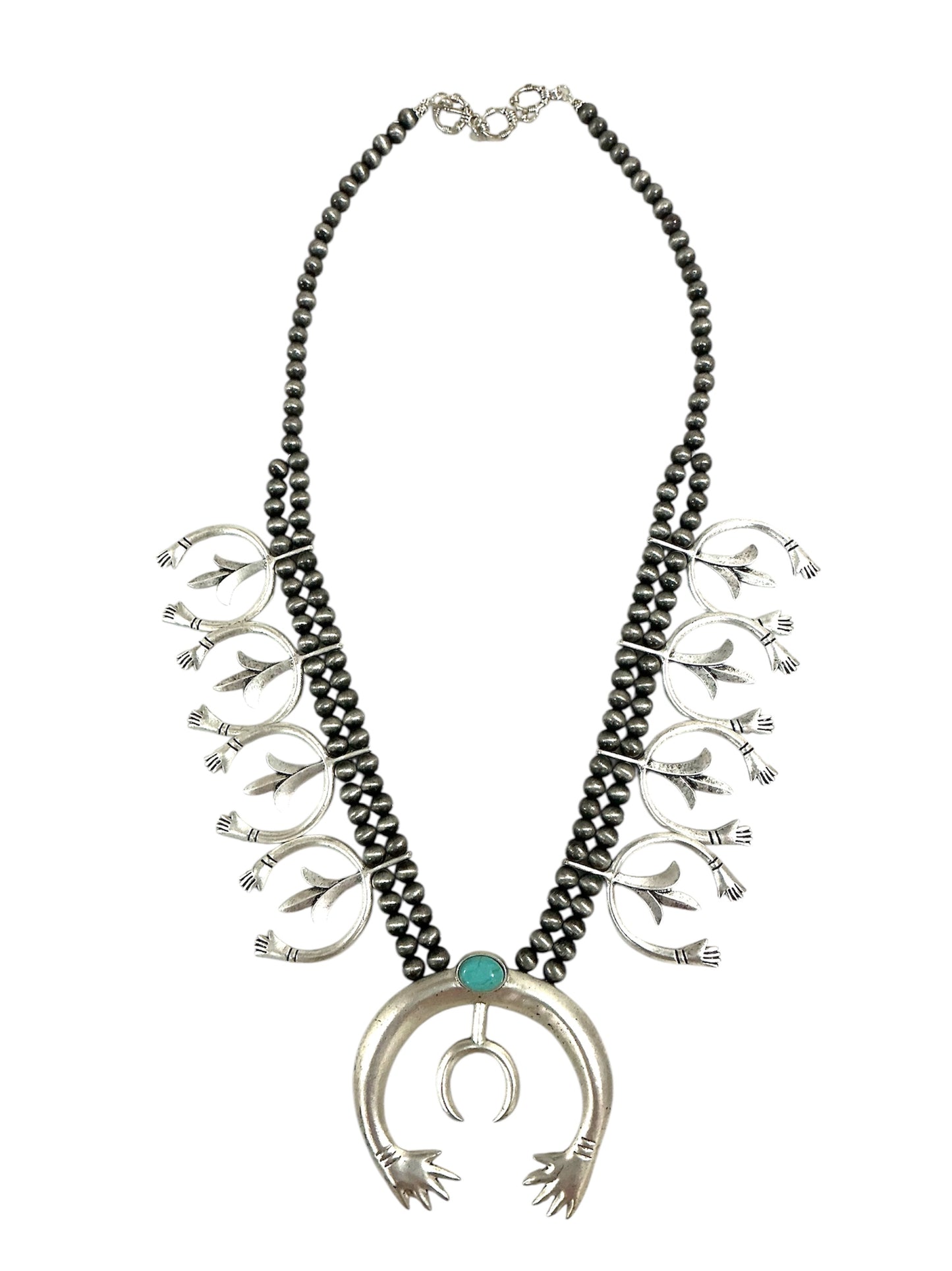 30" to 32" Long, Full Squash Blossom Turquoise Necklace, 8mm Navajo Bead, Big 3.5." Pendant 732311