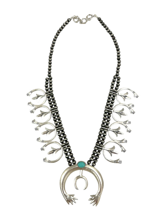 30" to 32" Long, Full Squash Blossom Turquoise Necklace, 8mm Navajo Bead, Big 3.5." Pendant 732311