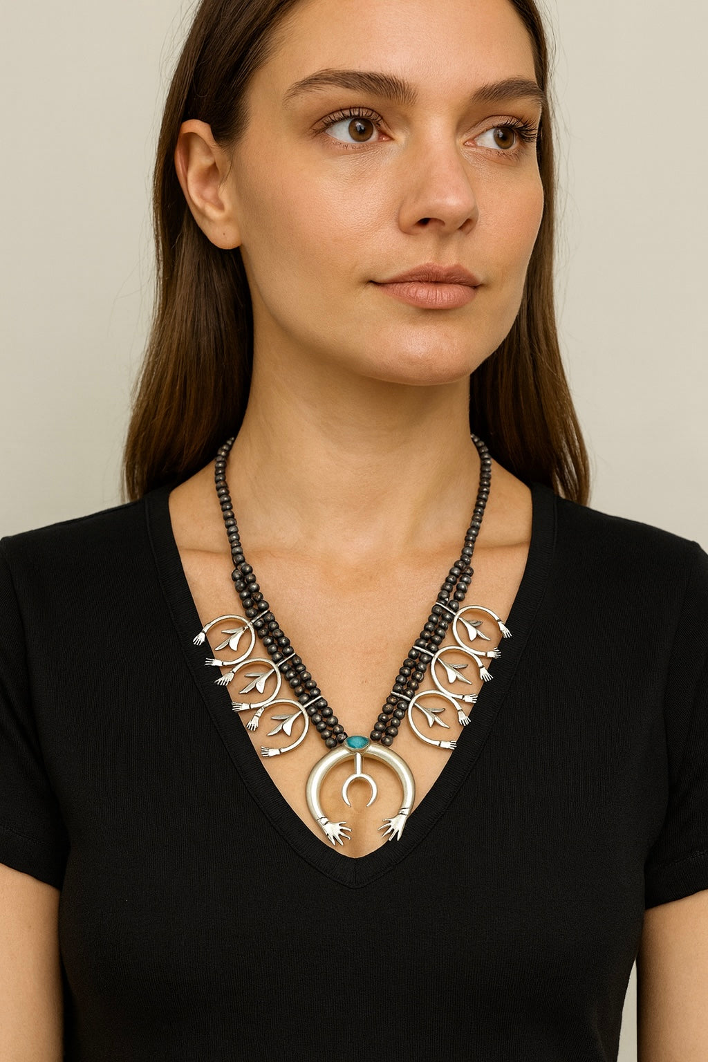 30" to 32" Long, Full Squash Blossom Turquoise Necklace, 8mm Navajo Bead, Big 3.5." Pendant 732311