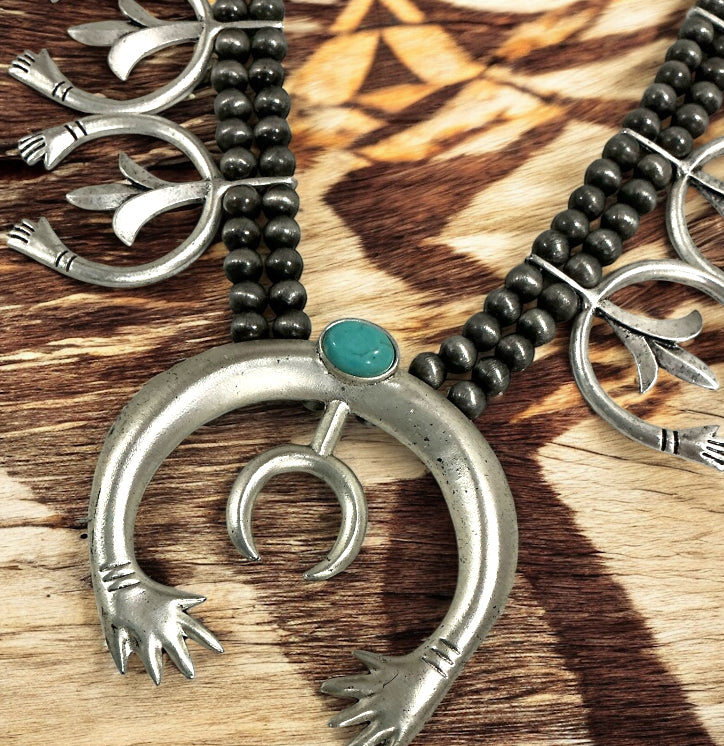 30" to 32" Long, Full Squash Blossom Turquoise Necklace, 8mm Navajo Bead, Big 3.5." Pendant 732311