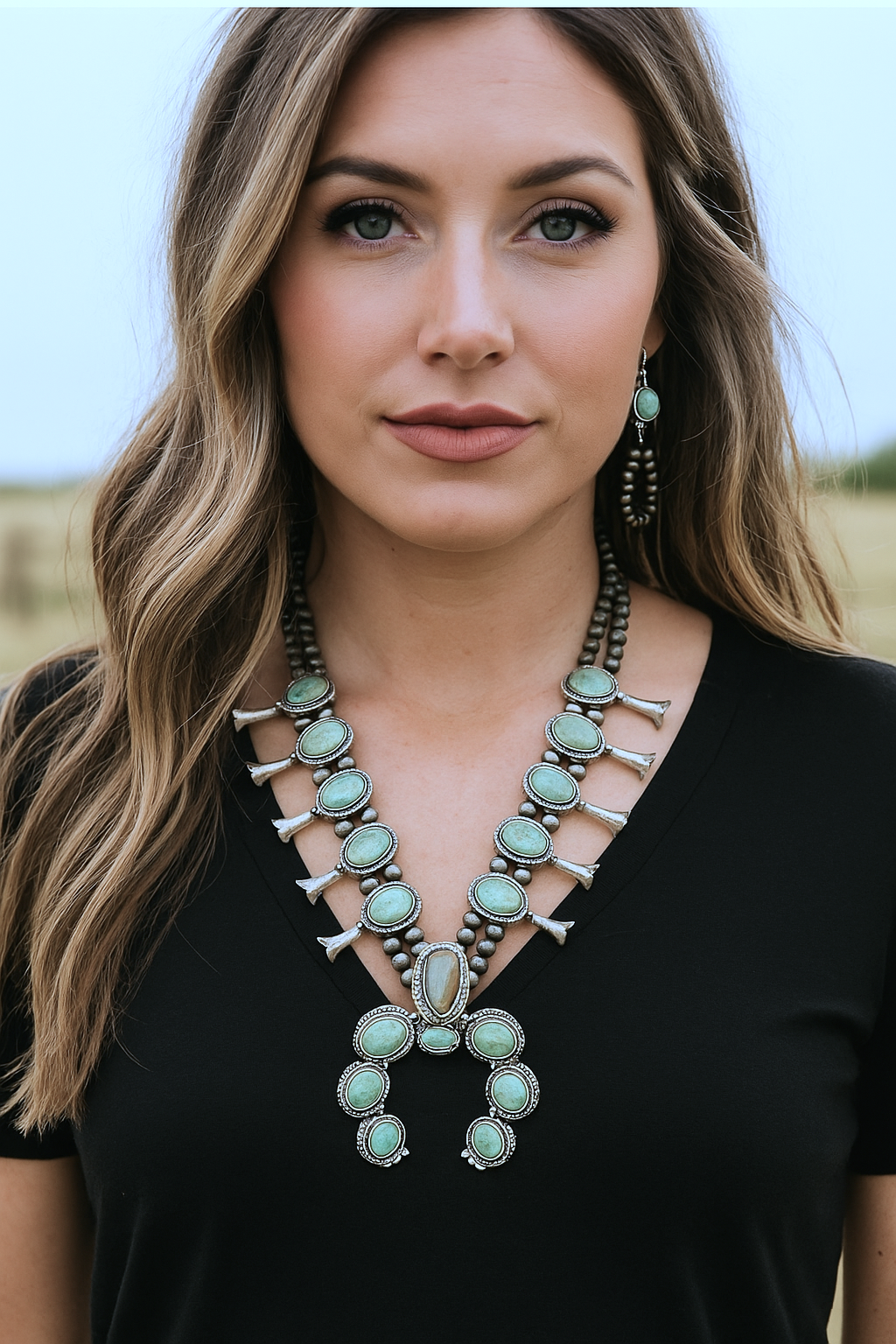 24" Long, Full Squash Blossom Turquoise Necklace, 6mm Navajo Pearl Beads, Western Boho Cowgirl Jewelry 732405