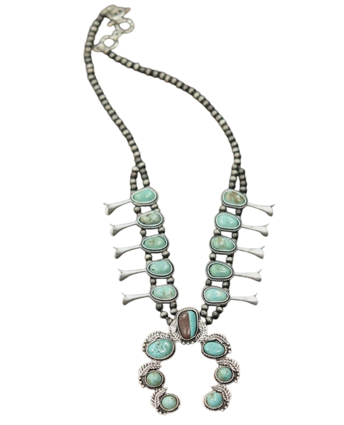 24" Long, Full Squash Blossom Turquoise Necklace, 6mm Navajo Pearl Beads, Western Boho Cowgirl Jewelry 732405