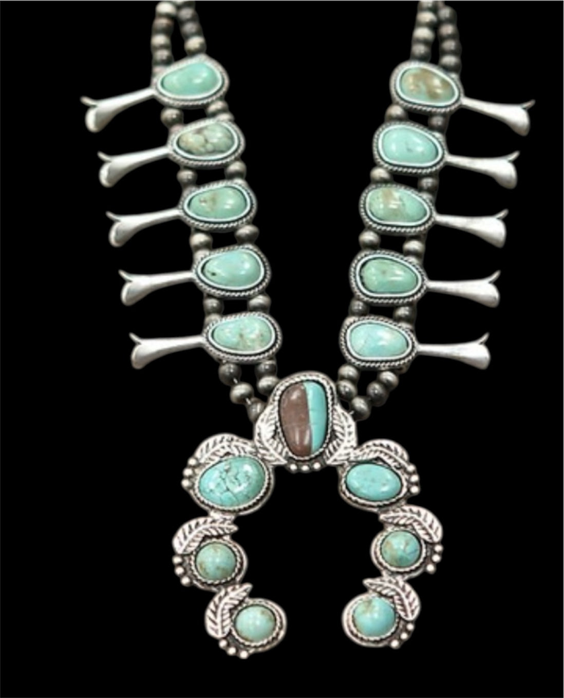 24" Long, Full Squash Blossom Turquoise Necklace, 6mm Navajo Pearl Beads, Western Boho Cowgirl Jewelry 732405