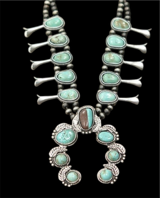 24" Long, Full Squash Blossom Turquoise Necklace, 6mm Navajo Pearl Beads, Western Boho Cowgirl Jewelry 732405