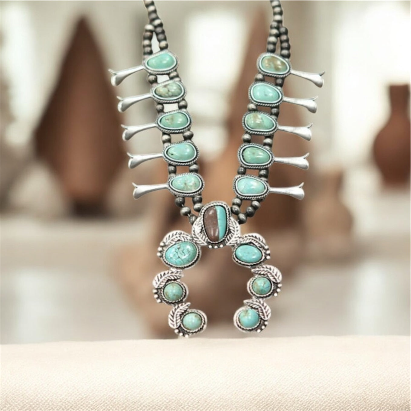 24" Long, Full Squash Blossom Turquoise Necklace, 6mm Navajo Pearl Beads, Western Boho Cowgirl Jewelry 732405