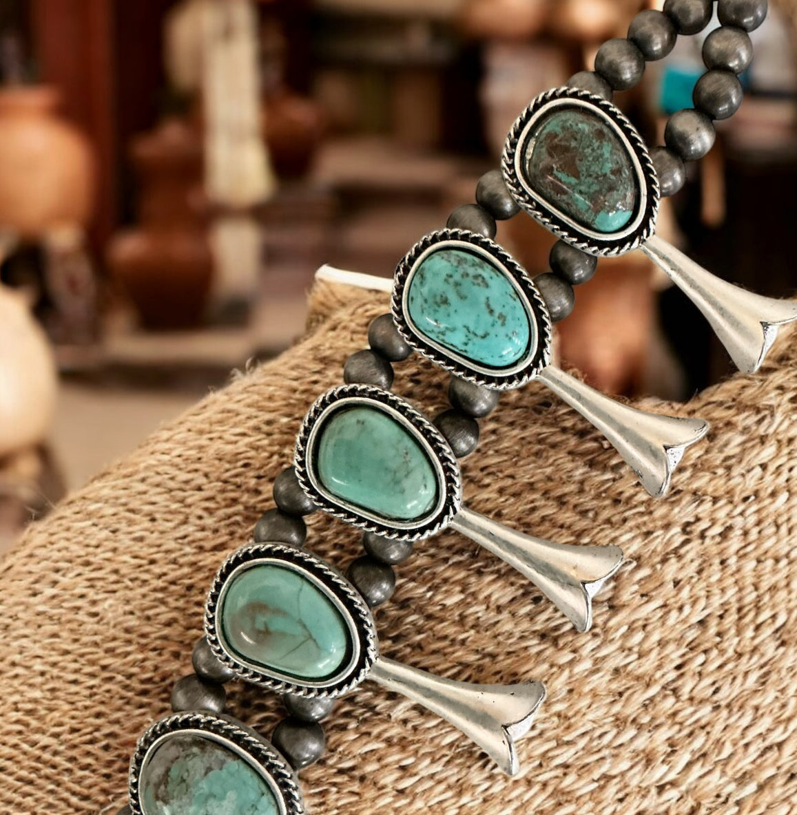 32" Long Handmade Full Squash Blossom Turquoise Necklace – Heart Pendant 732530-1