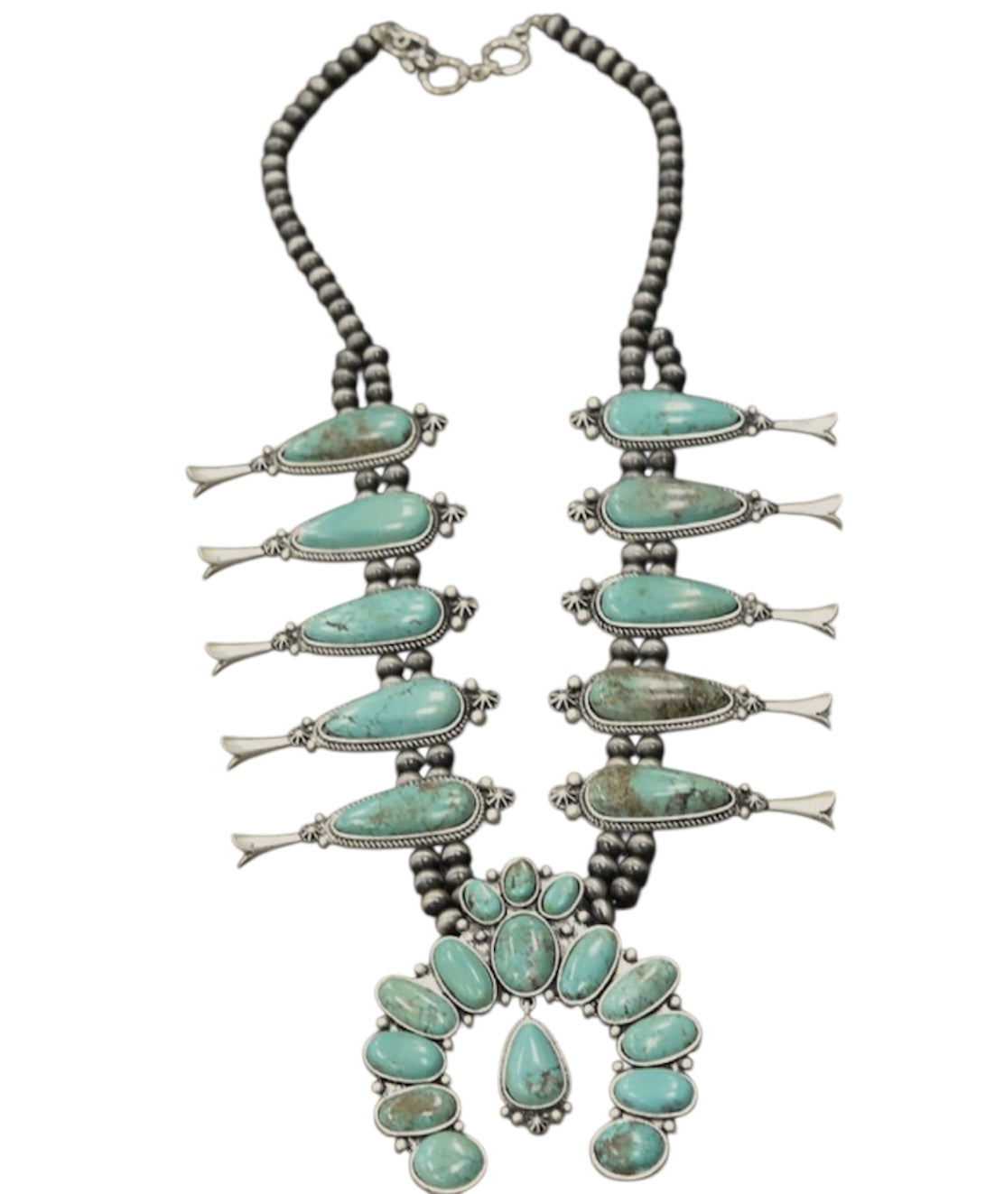 32" Long Handmade Full Squash Blossom Turquoise Necklace 732541