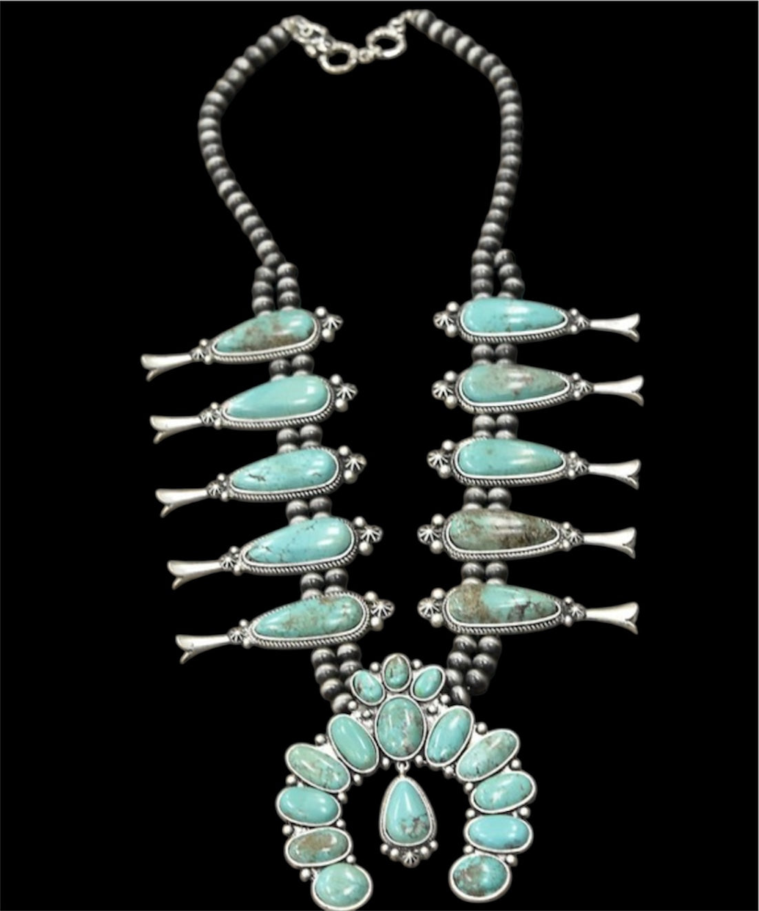 32" Long Handmade Full Squash Blossom Turquoise Necklace 732541
