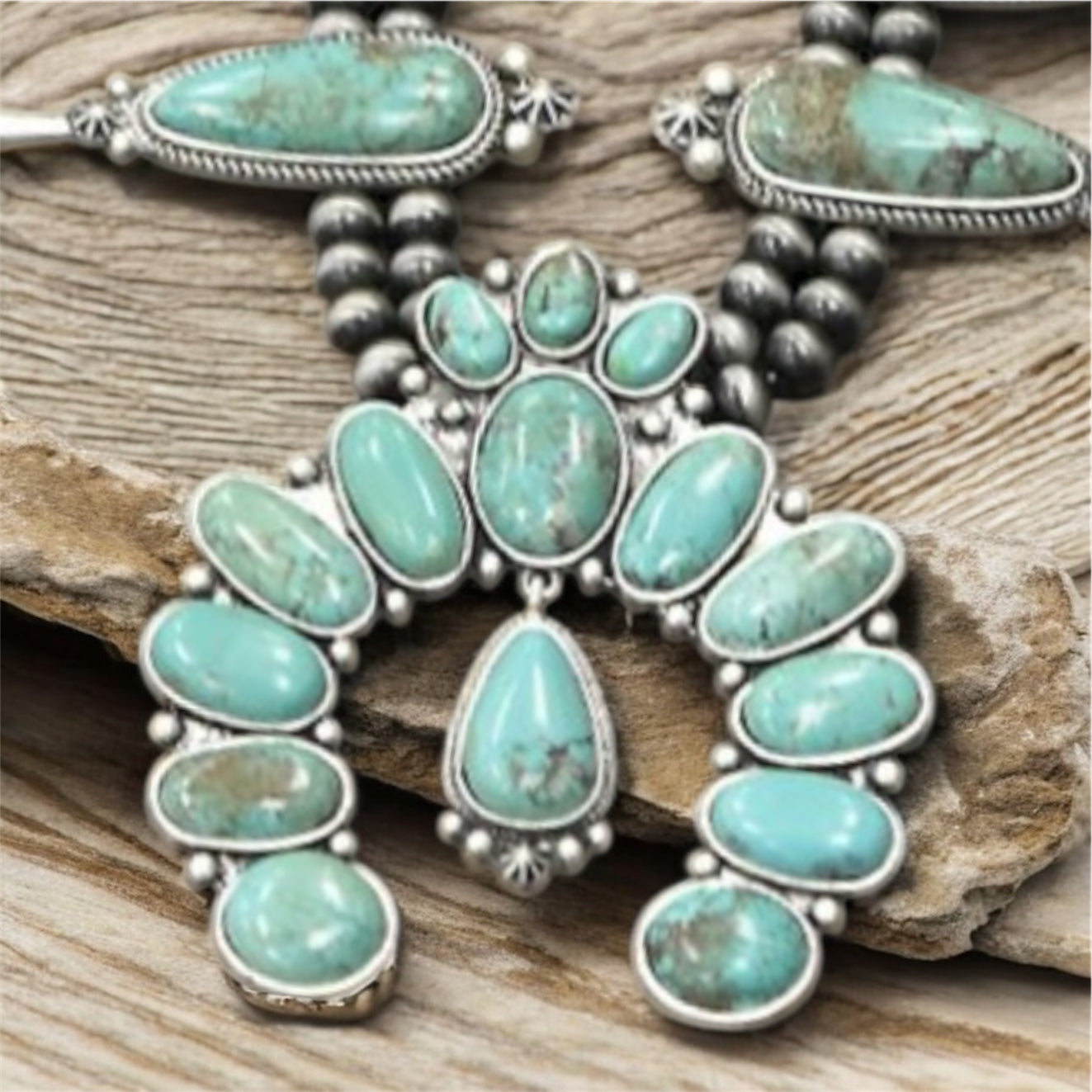 32" Long Handmade Full Squash Blossom Turquoise Necklace 732541