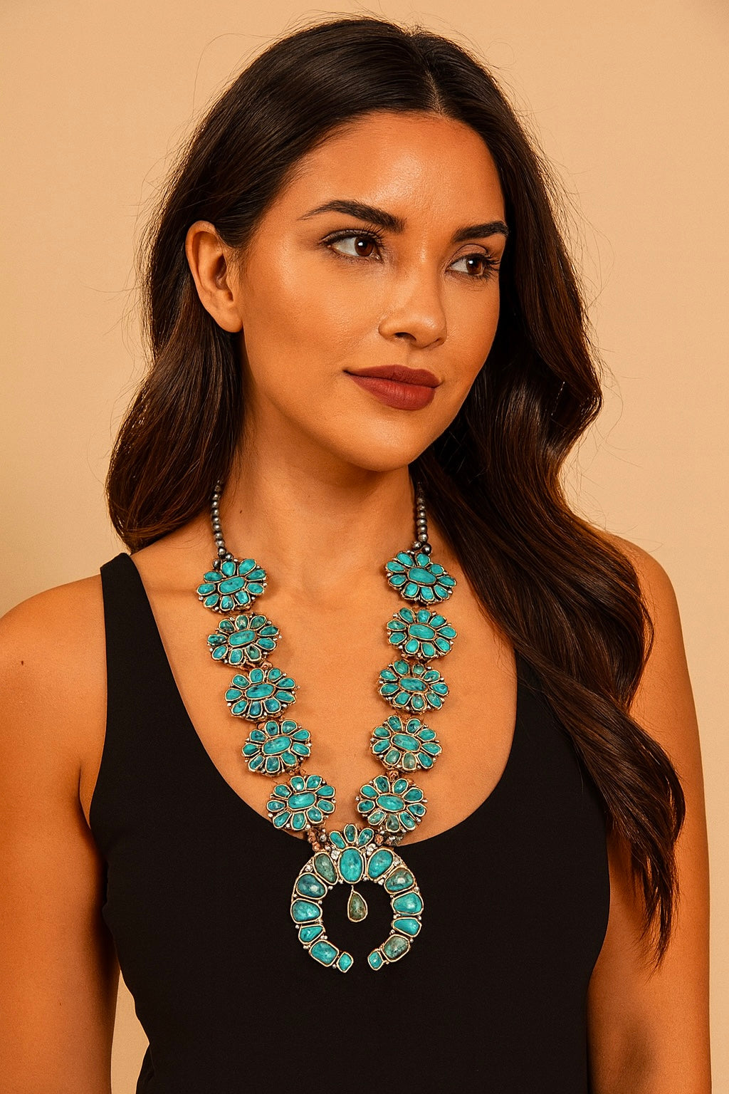 32" Long Handmade Full Squash Blossom Turquoise Necklace 732541