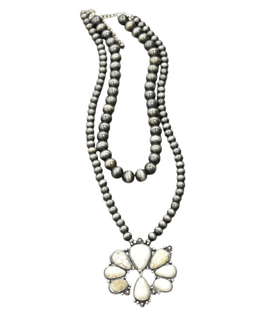 30" Long, 2-Strand Navajo Pearl Necklace with Large White Turquoise Pendant – 14 mm & 10 mm Beads, Antique Silver Plate 733265