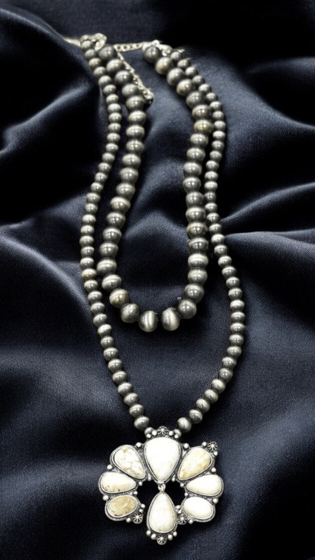 30" Long, 2-Strand Navajo Pearl Necklace with Large White Turquoise Pendant – 14 mm & 10 mm Beads, Antique Silver Plate 733265