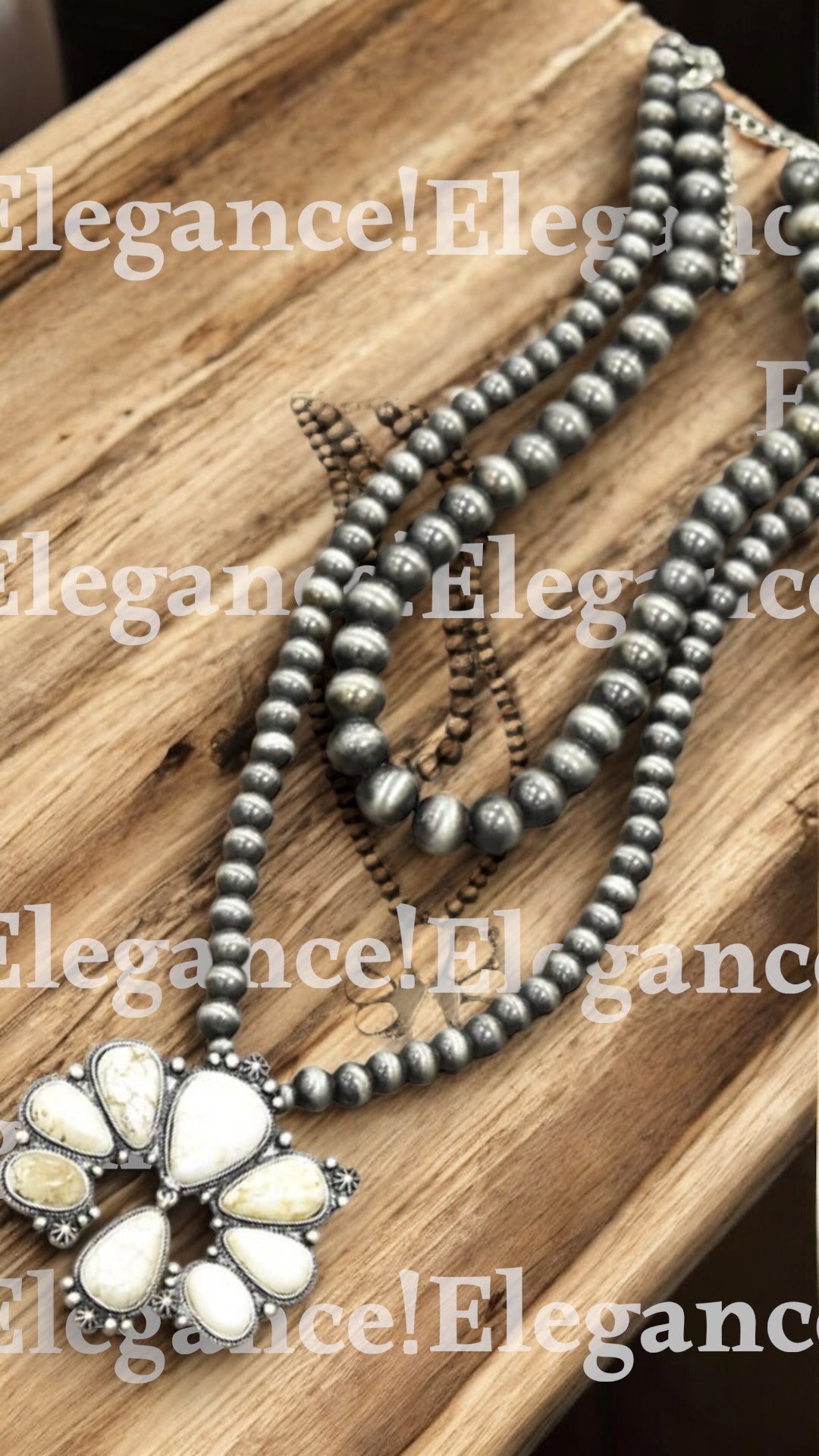 30" Long, 2-Strand Navajo Pearl Necklace with Large White Turquoise Pendant – 14 mm & 10 mm Beads, Antique Silver Plate 733265