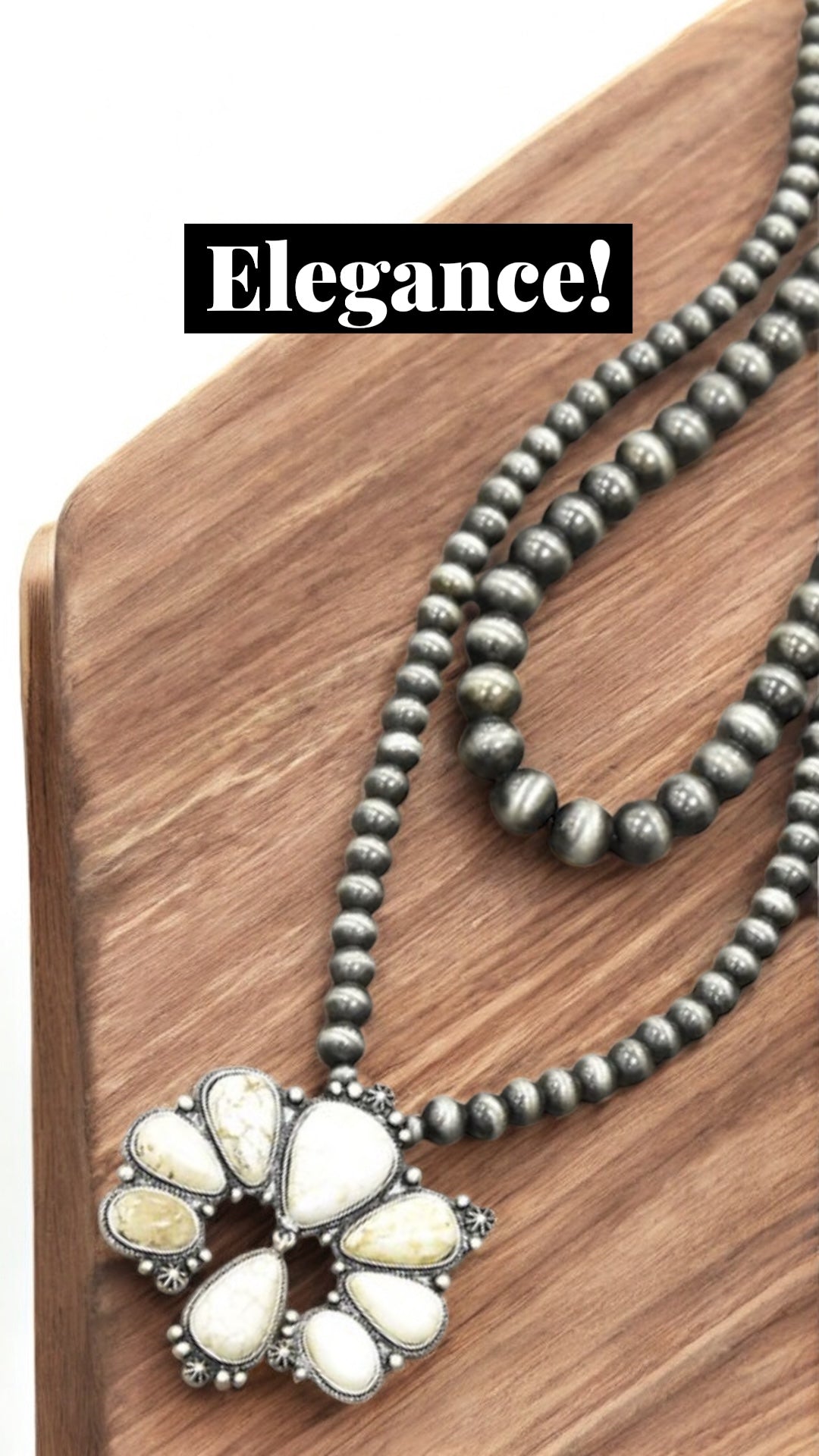 30" Long, 2-Strand Navajo Pearl Necklace with Large White Turquoise Pendant – 14 mm & 10 mm Beads, Antique Silver Plate 733265