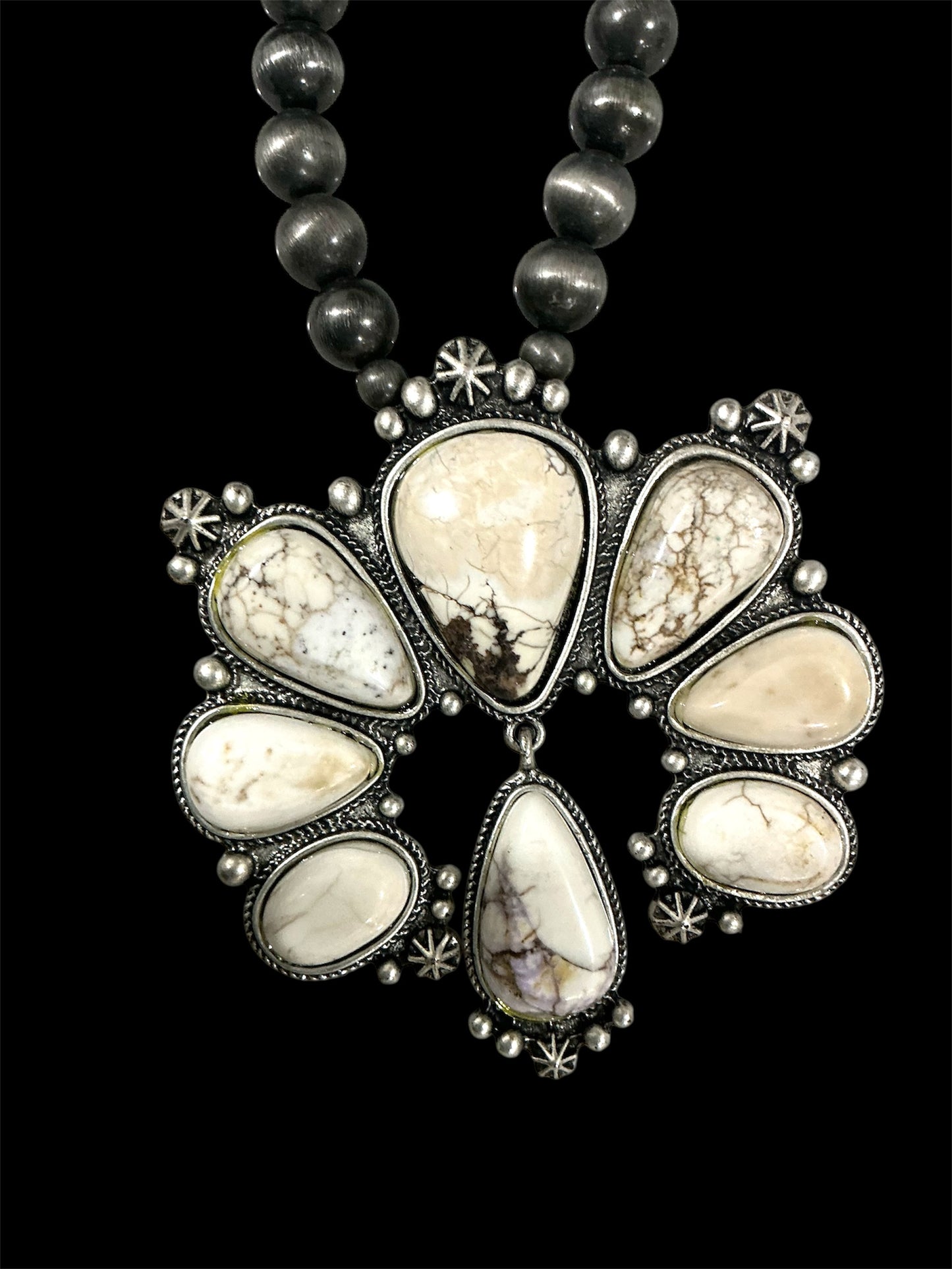 30" Long, 2-Strand Navajo Pearl Necklace with Large White Turquoise Pendant – 14 mm & 10 mm Beads, Antique Silver Plate 733265