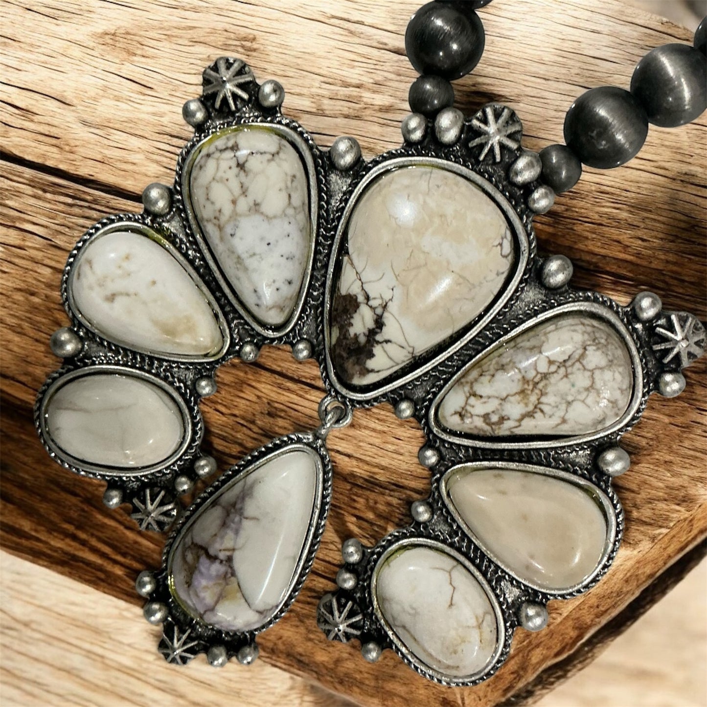 30" Long, 2-Strand Navajo Pearl Necklace with Large White Turquoise Pendant – 14 mm & 10 mm Beads, Antique Silver Plate 733265