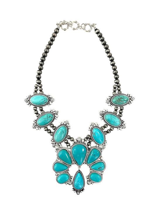 Squash Blossom Turquoise Necklace Western Navajo Style Statement Jewelry 733427-1
