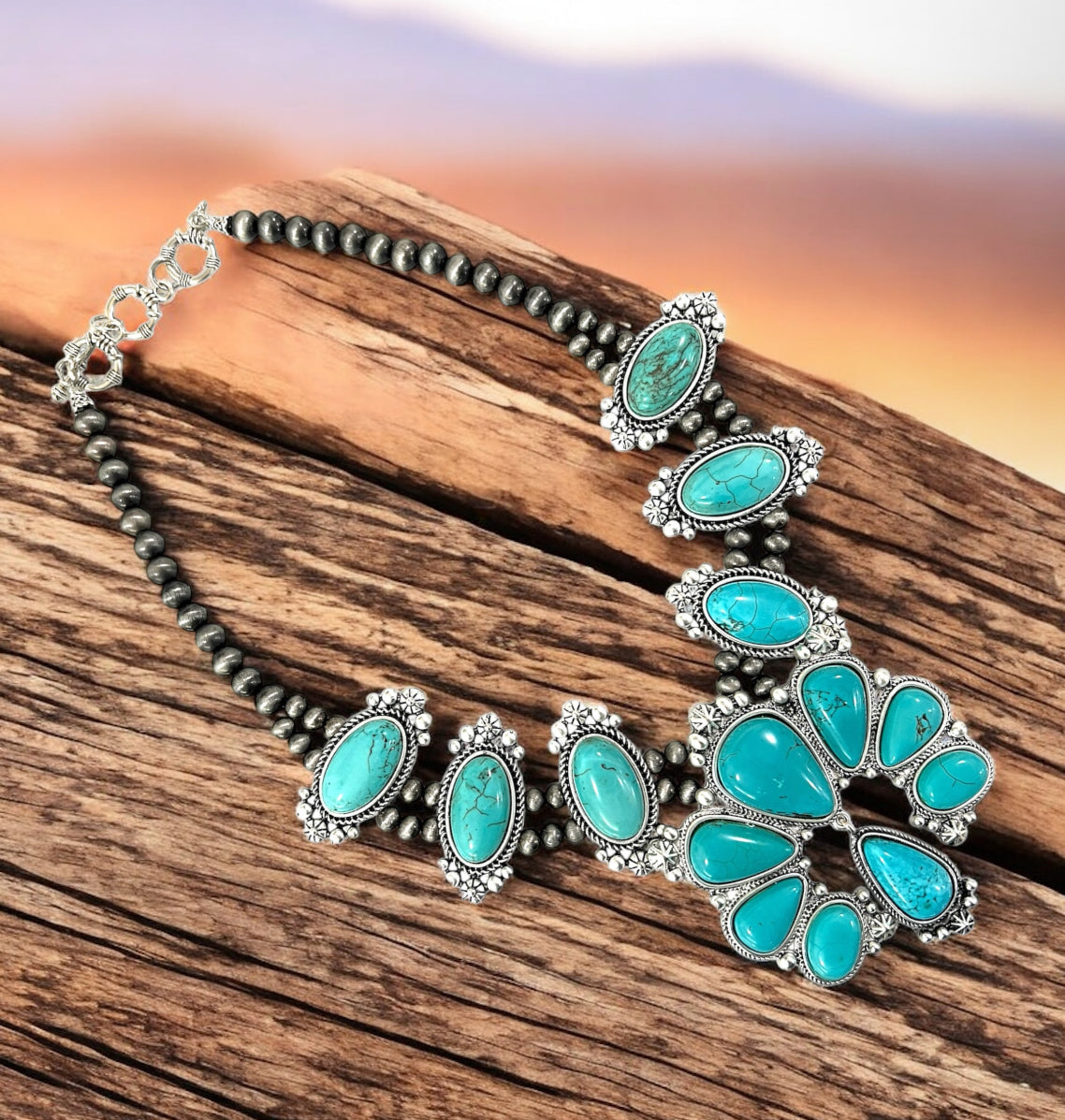 Squash Blossom Turquoise Necklace Western Navajo Style Statement Jewelry 733427-1