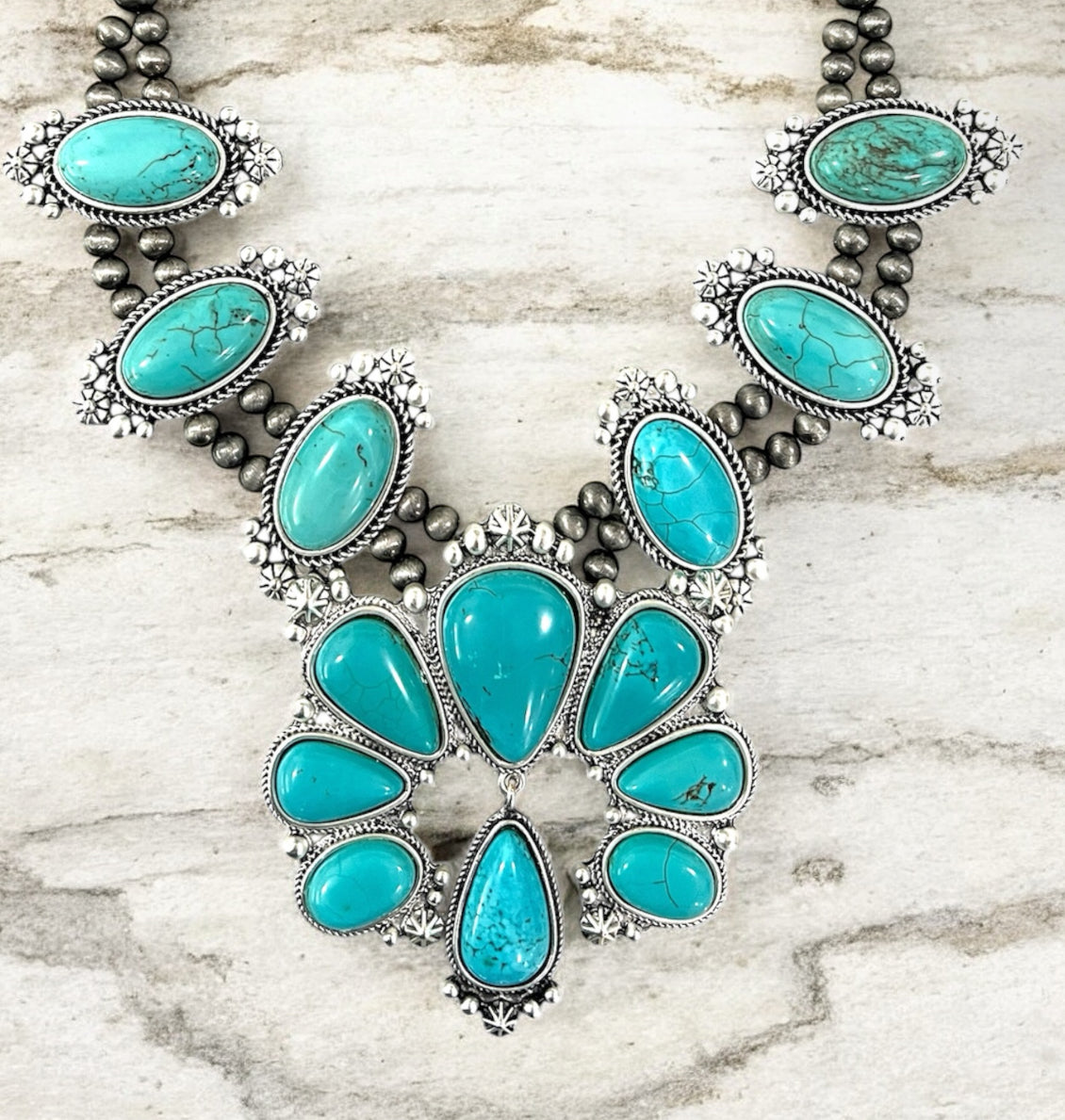 Squash Blossom Turquoise Necklace Western Navajo Style Statement Jewelry 733427-1