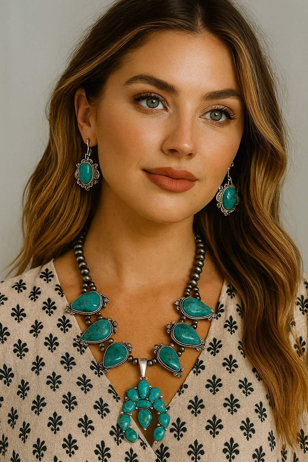 Squash Blossom Turquoise Necklace Western Navajo Style Statement Jewelry 733509-1