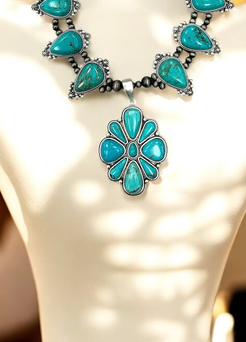 Handmade Squash Blossom Turquoise Necklace 733509