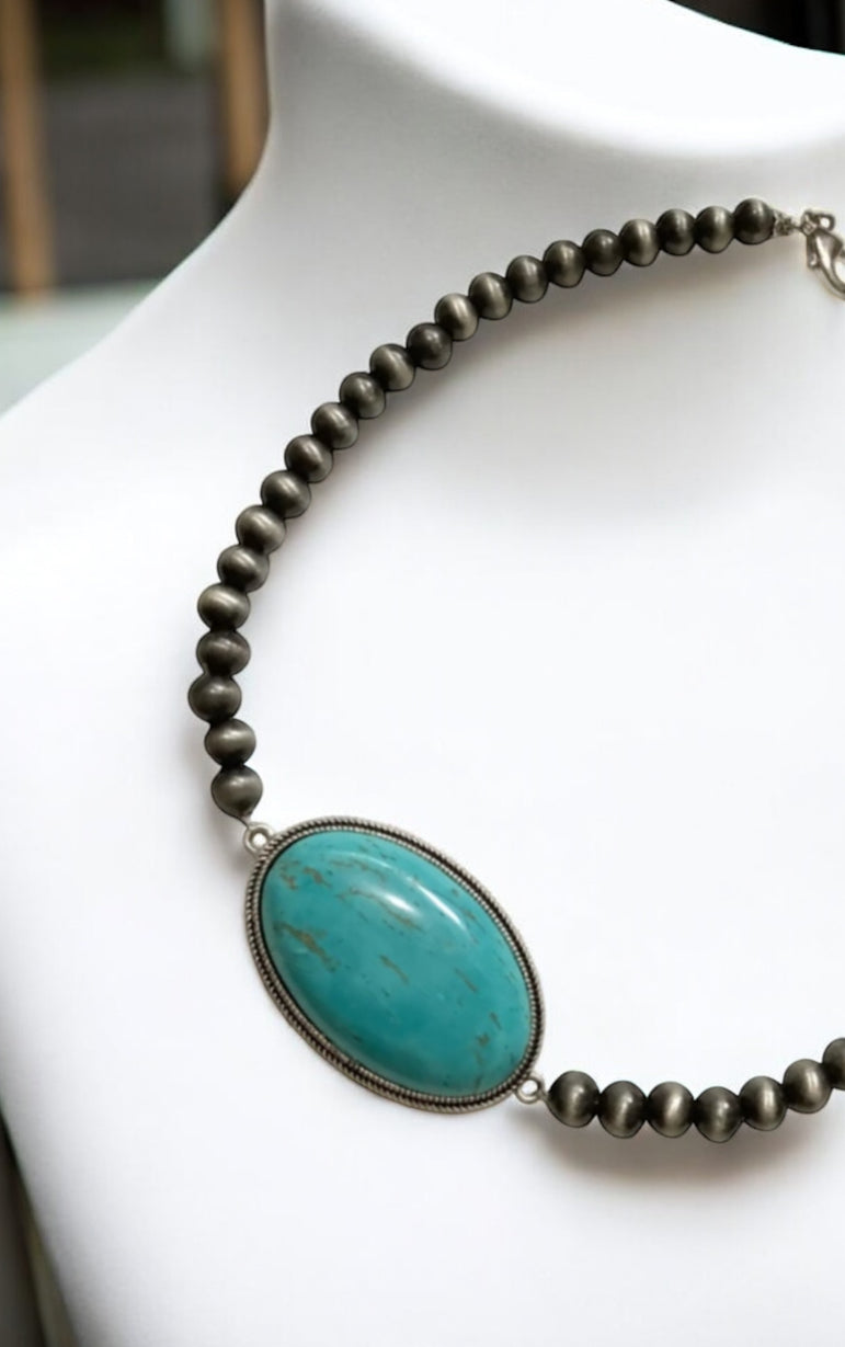 15" to 20" Long, Handmade 8mm Navajo Bead Necklace with Oval Turquoise Pendant  734337
